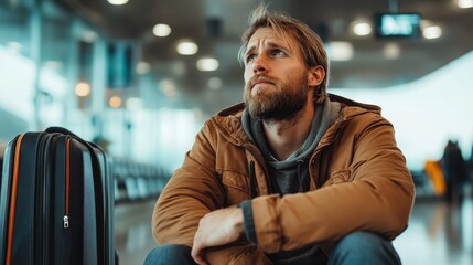 A young man dressed casually sits on the floor of an airport, lost in thought as he reflects on his journey, surrounded by travelers and a hint of adventure in the air.