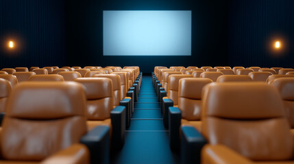 Fototapeta premium Empty cinema with screen glowing in darkness, ready for next show. Comfortable seats and cinematic lighting create immersive experience. Ideal for movie night, entertainment, and film-related visuals.