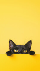 Cute black cat peeking with yellow background, displaying playful and adorable expression