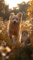 Dog and cat joyfully running outdoors in nature with flowers and sunshine