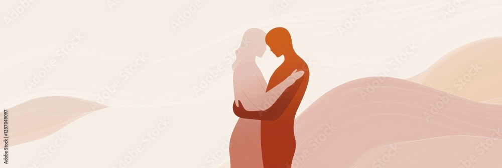 Poster embracing connection in a minimalist style with two figures sharing a heartfelt hug against a soft b