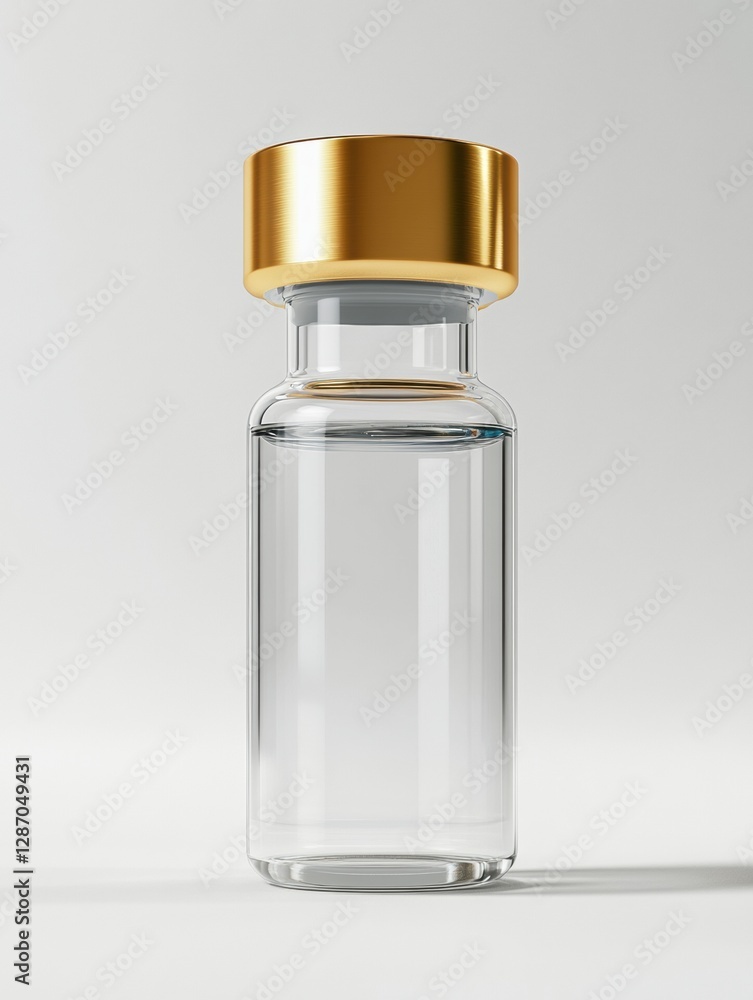 Poster Elegant glass vial with a golden cap placed on a simple white background reflecting modern design aesthetics. Generative AI