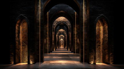 Obraz premium Dark marble hallway, arched doorways, golden accents, mysterious background, ideal for fantasy or luxury settings
