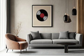 Modern living room with framed vinyl record art (1)