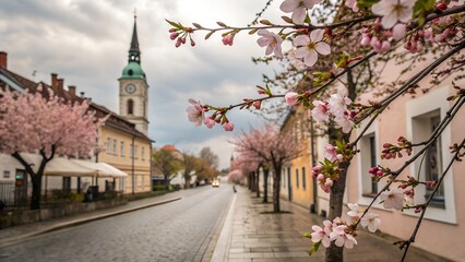 Fototapeta premium Picturesque city street lined with blooming cherry blossom trees. Historic architecture and a church tower in the background under a cloudy sky. Tranquil springtime scenery.