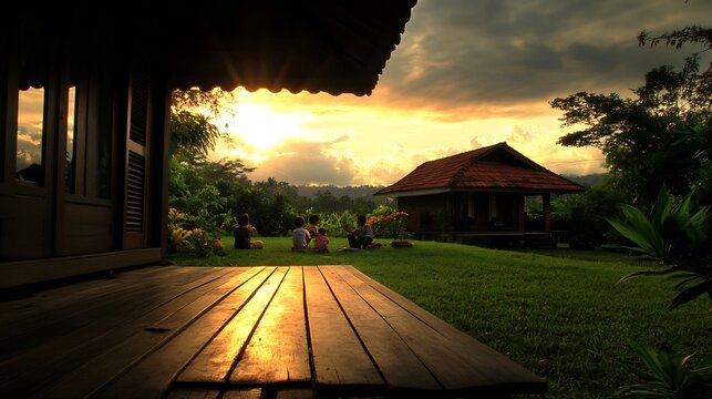 Golden hour rural scene of family relaxing and enjoying at home on sunny day