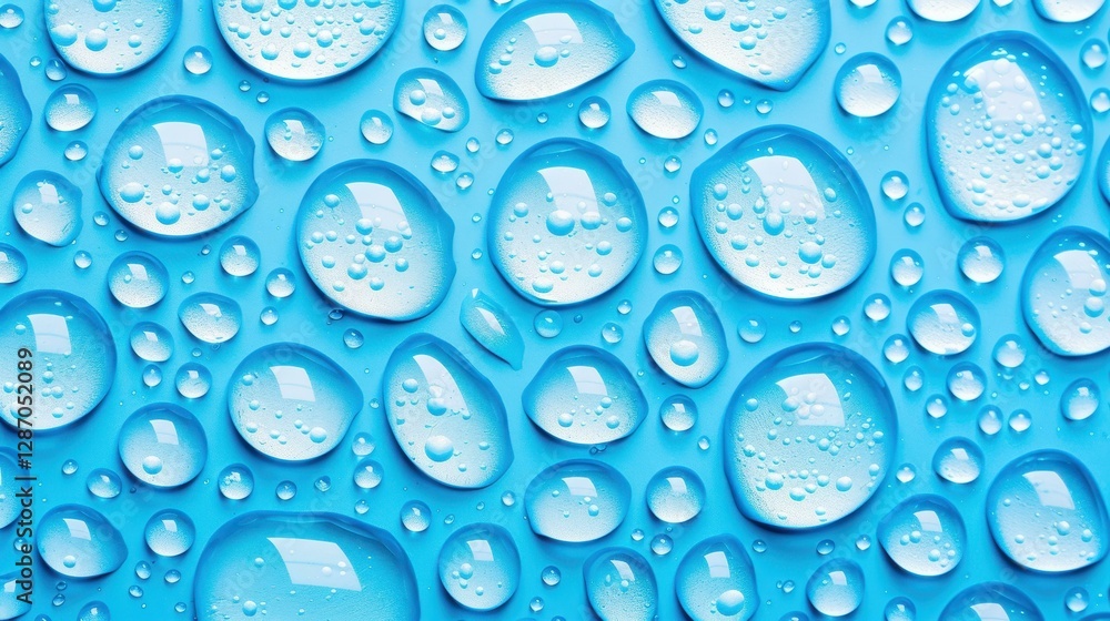 Poster abstract blue backdrop features clear raindrops, creating a stunning pattern on a smooth glass surfa
