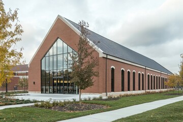 Modern architectural design of a brick building featuring large glass windows, surrounded by lush greenery and mature trees during an overcast afternoon