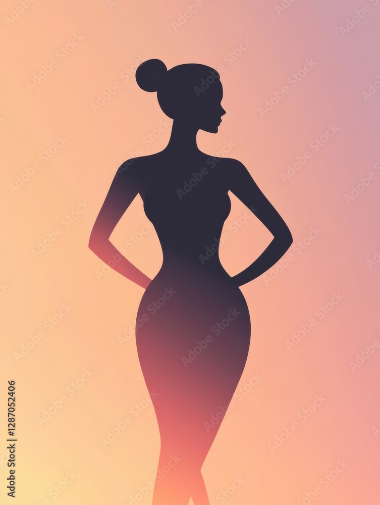 Poster minimalist illustration of a slim female silhouette emphasizing the waistline against a soft gradien