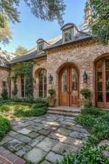 Naklejka premium This delightful brick house features a beautiful, lush garden and a welcoming entrance, nestled in a tranquil neighborhood beneath bright, clear blue skies