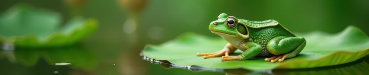 Obraz premium Green frog rests on a water lily, surrounded by pond weeds , amphibian, ecosystem
