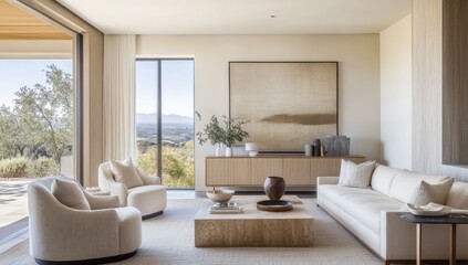 Modern living room with patio, mountain view, and art