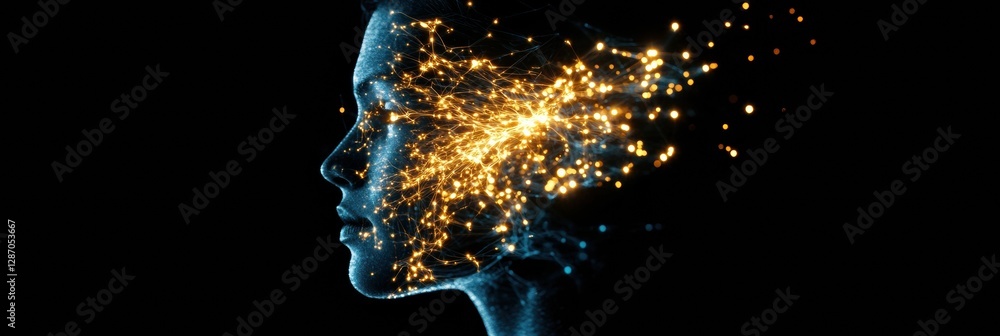 Poster Profile of a human head with glowing connections illustrating artificial intelligence and cybernetic evolution. Generative AI
