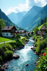 Fototapeta premium Idyllic Swiss village nestled beside a rushing stream , building, landscape