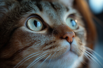 British Shorthair cat with striking whiskers, eyes, and fur up close, an adorable pet portrait