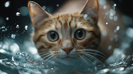 Cute tabby cat showing curious gaze with whiskers in water, playful and adorable expression