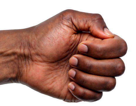Clenched fist gesture symbolizing strength and determination, isolated on transparent background (PNG)

