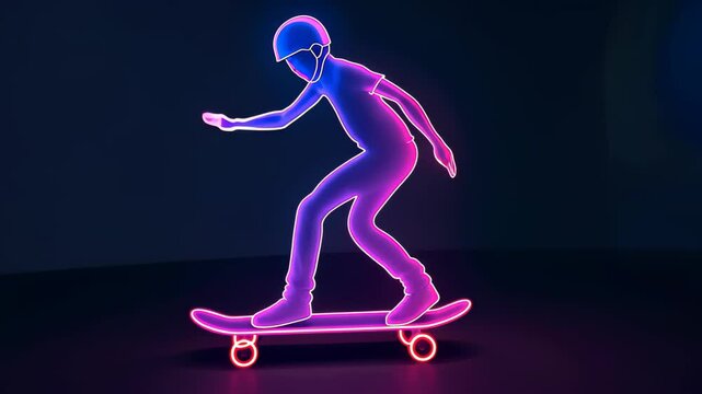 Vibrant neon illustration of a skateboarder in midair, showcasing skills in a halfpipe against a sleek black backdrop.