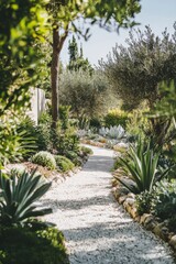Serene garden pathway lined with lush greenery and distinct landscaping elements showcasing nature's tranquility at midday