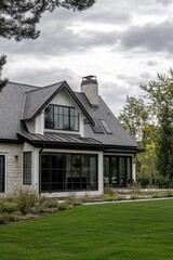 Contemporary house architecture features a harmonious blend of natural stone and expansive windows, nestled within a tranquil garden surrounded by lush trees on a moody, overcast day