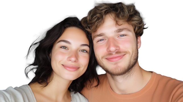 Young couple smiling warmly at the camera, showing affection and standing close together on transparent background