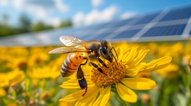 Beauty of nature and technology in harmony as a bee pollinates bright yellow flowers amidst solar panels