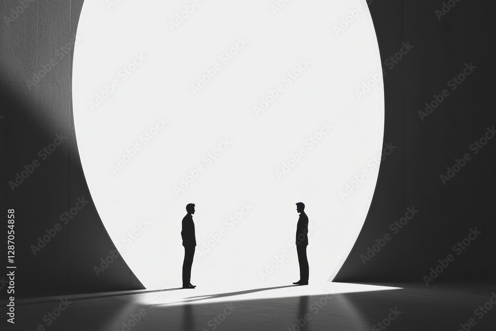 Leinwandbilder two silhouetted figures facing each other in a circular light setting during a contemplative moment.