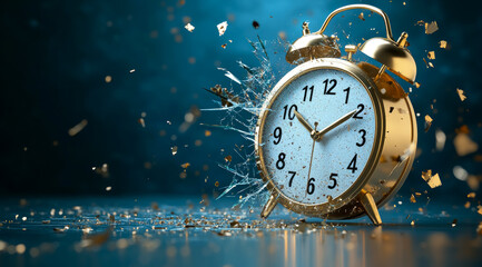 Shattered time: A 3D representation of a broken alarm clock amidst falling particles illustrating the fleeting nature of time