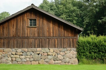 Crisp wooden barn standing against a backdrop of lush greenery and stone wall during a bright daytime in a serene rural setting