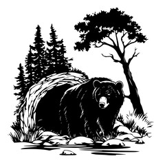 Silhouette bear by river with forest background – wildlife black-and-white vector illustration