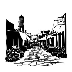 Stone-paved alley of Mediterranean village – silhouette monochrome vector illustration