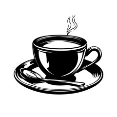 vector illustration of a steaming coffee cup with saucer and spoon, black and white morning drink icon
