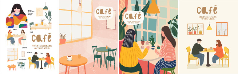 Cafe and coffee. Vector abstract, pastel illustration of dining room interior, table with chairs, furniture, girlfriends on a meeting, couple in a restaurant for a poster or background