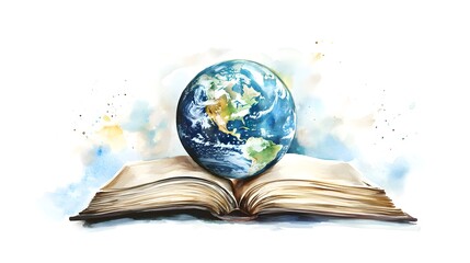 An artistic depiction shows an open book with a globe resting on its pages. This symbolizes the connection between literature and global knowledge, emphasizing education.