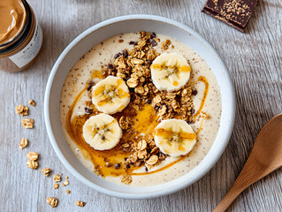 Bowls of creamy smoothie topped with banana slices, granola, and a drizzle of syrup on a wooden surface