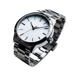 Stainless Steel Watch with White Dial Isolated on Transparent Background