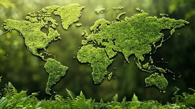 World map made of green foliage highlighting nature's beauty and environmental awareness in a lush setting