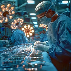 Sterile Setup &ndash; Nurse in scrubs preparing surgical tools under bright LED lights.