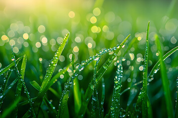Early morning dew glistens on blades of grass in a serene garden setting