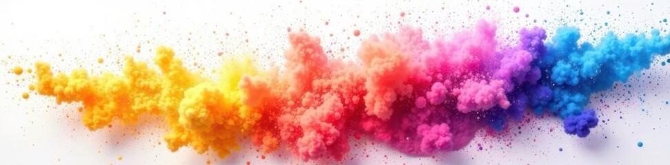 Fototapeta premium Vibrant Holi powder cloud bursts, rainbow hues Isolated white background , panoramic view, texture, festival