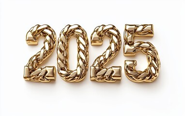 Of the number 2025 made of interwoven golden chains with reflective metallic highlights, isolated on a clean white background