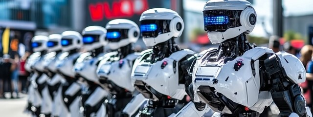 Fototapeta premium Futuristic humanoid combat robots in white and black armor lined up in formation for an epic military parade, showcasing advanced technology, power, and robotic warfare.
