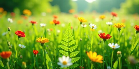 A field of tall grass and wildflowers with a few ferns in the center, grassland, fauna, flora