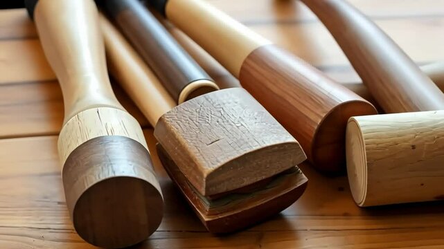Group of Wooden Mallets of Various Sizes and Shades Arranged on Wooden Surface Under Bright Lighting in a Close Up Still Life