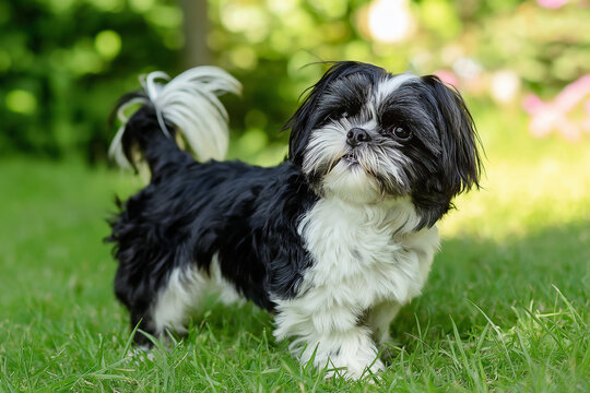 Shih Tzu puppy dog with fluffy fur playing on the grass, outdoor in a park, cute and adorable pet