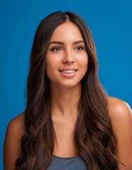 Obraz premium Close-up portrait of a cheerful young woman with long hair, looking curiously at copy space on a vibrant blue background. 