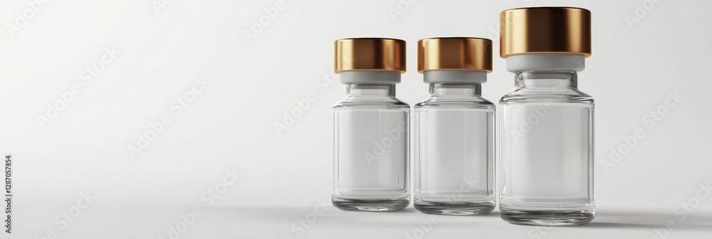 Poster clear glass vials line up gracefully on a neutral backdrop showcasing sleek design and golden caps. 