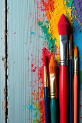 Fototapeta premium Assorted paintbrushes arranged on weathered wood grain , supply, wooden, brushes