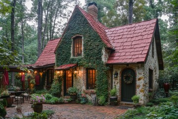 Fototapeta premium Charming cottage nestled in a lush forest, featuring ivy-clad walls and a warm, inviting atmosphere during the late afternoon