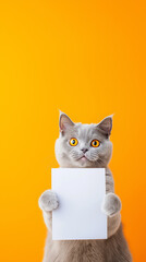Adorable British Shorthair Cat with Orange Eyes Holding a Card on Bright Orange Background